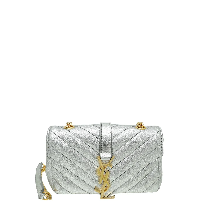  Statement Bags, Shop TodayGenuine Bags On Clearance Sale YSL Metallic Silver Chevron Monogram Chain Bag Baby