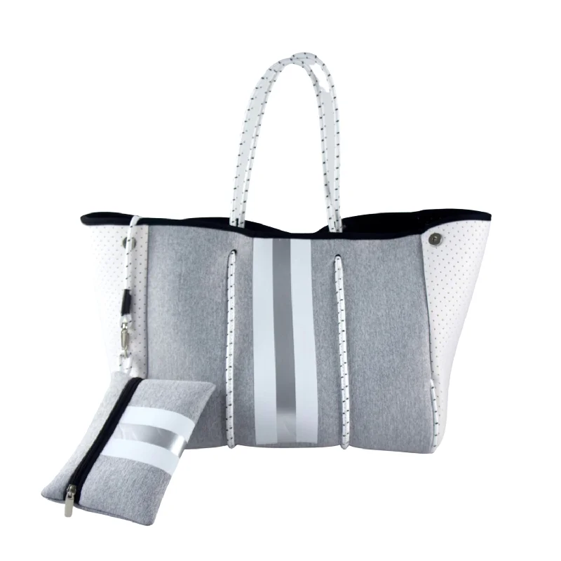  Flash Sale On Designer BagsOdor-Resistant And Budget Bags Neoprene Tote & Zipper Pouch, Grey - White/Silver Stripe