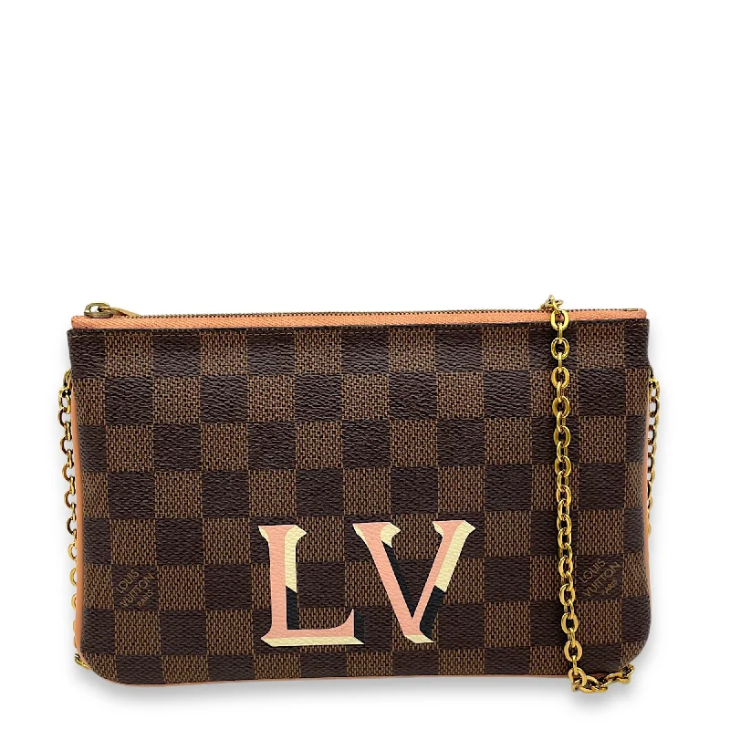  Stylish Totes With Special DiscountsMassive Savings Double Pochette Messenger Crossbody Bag Brown in Coated Canvas, Gold hardware