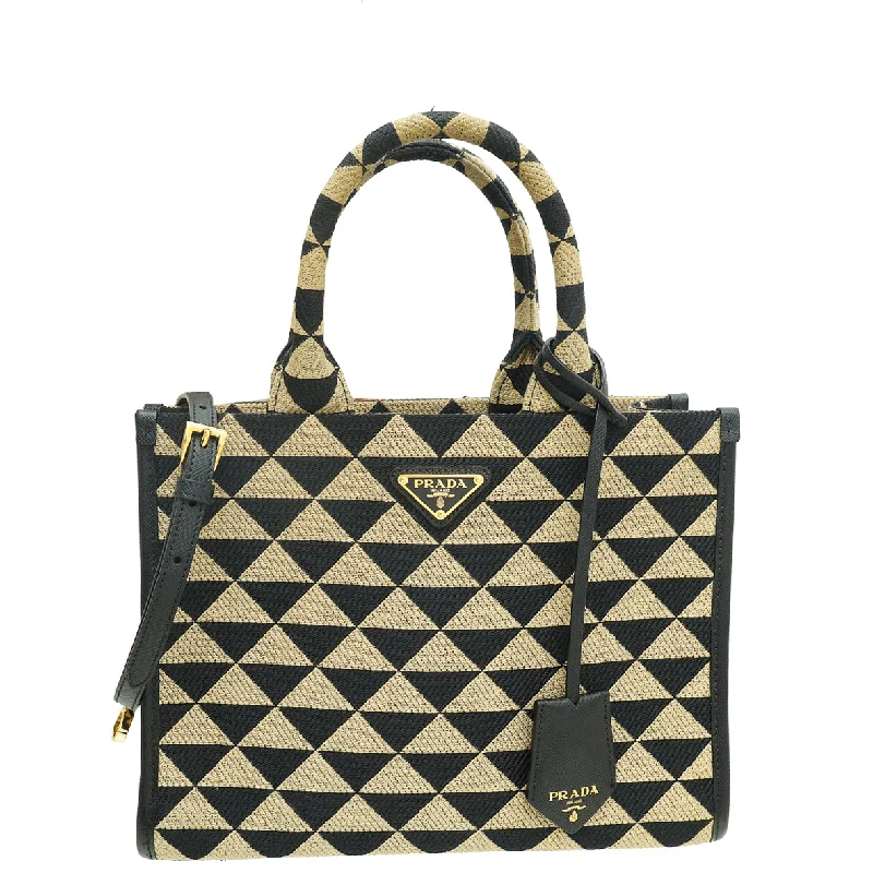 Trendy And Classic Bags Now At Unbeatable DiscountsSpring Fashion Prada Bicolor Symbole Embroidered Fabric Small Tote Bag Trendy And Classic Bags Now At Unbeatable DiscountsSpring Fashion Prada Bicolor Symbole Embroidered Fabric Small Tote Bag