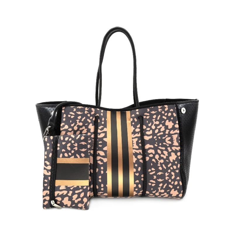  Seasonal Sale On Trendy HandbagsLuxurious Bags With Limited-Time Offers Neoprene Tote & Zipper Pouch, Black & Gold Leopard