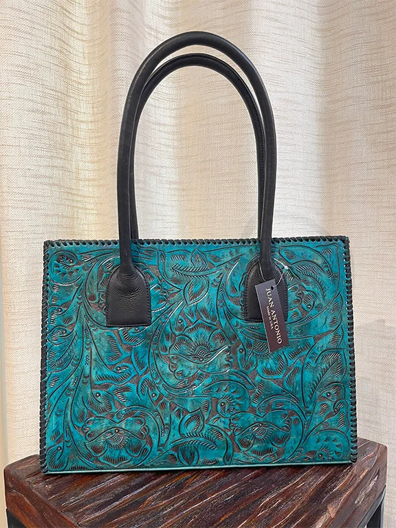  Trendy Backpacks With Big DiscountsJuan Antonio Floral Embossed Turquoise Leather Tote
