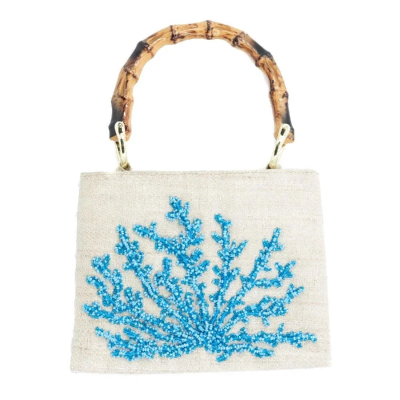  Shoulder Bags, Best Deals TodayDiscounted Designer Bags For Clearance Events Beaded Blue Coral Handbag with Bamboo Handle