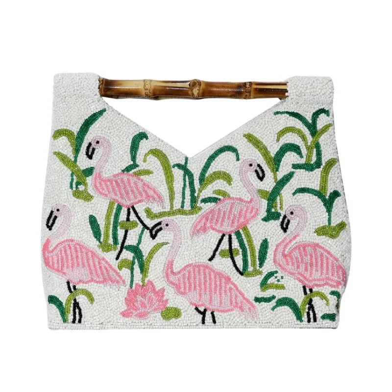  Fashionable Handbags, Limited-Time DealsInspired Bags For Modern Sophistication Beaded Pink Flamingo Motif Clutch Purse With Bamboo Handle