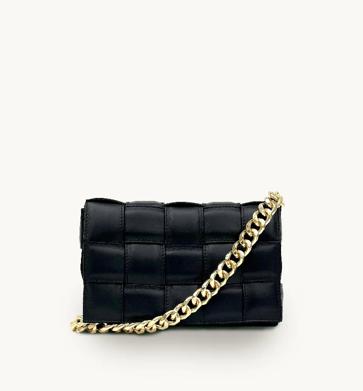 Designer Bags, Low PricesBlack Padded Woven Leather Crossbody Bag With Gold Chain Strap Designer Bags, Low PricesBlack Padded Woven Leather Crossbody Bag With Gold Chain Strap