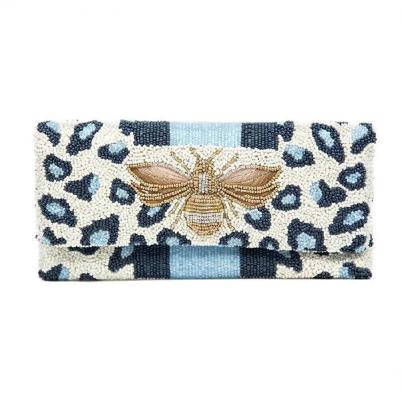  Final Call – Shop Stylish Bags Before They're GoneSpacious And Discounted Bags Blue & White Beaded Leopard Motif Envelope Style Clutch With Gold Bee