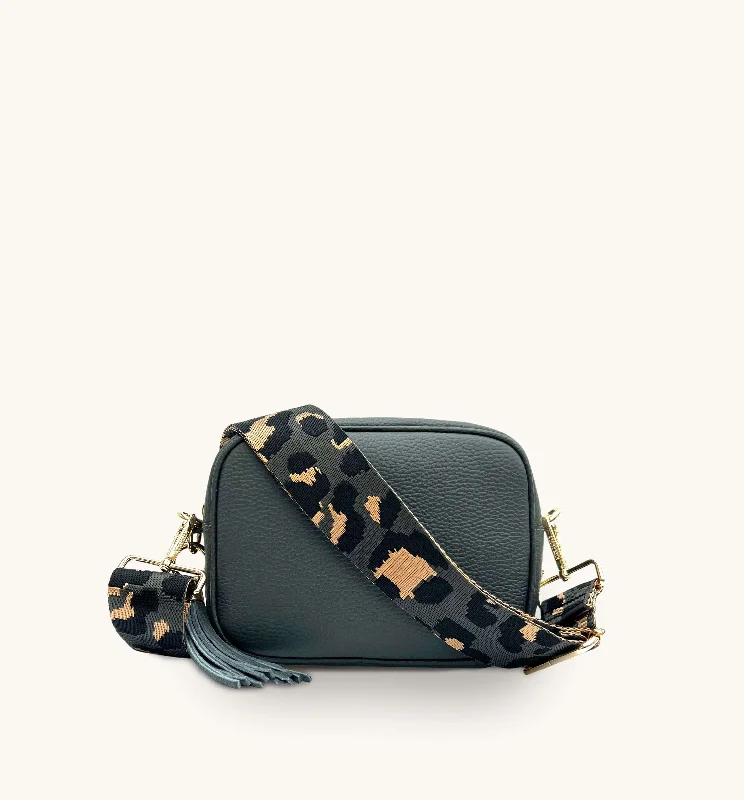  Seasonal Sale On Trendy HandbagsThe Tassel Dark Grey Leather Crossbody Bag With Grey Leopard Strap