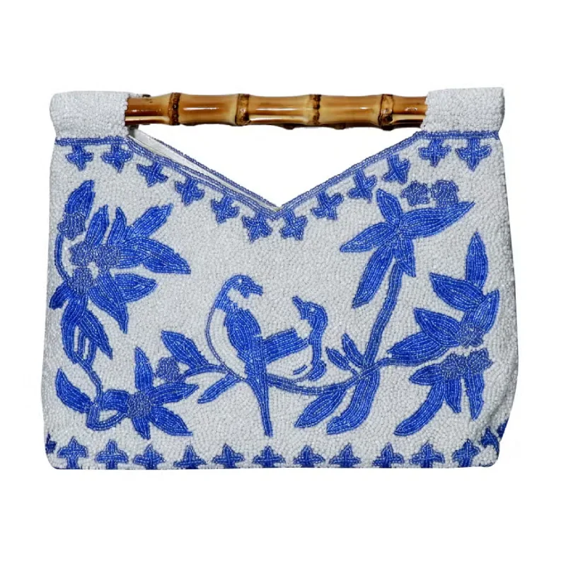  Luxury Meets Affordability – Shop Stunning Bags NowDurable And Cheap Bags Fully Beaded White With Blue Flower & Bird Design Clutch With Bamboo Handle