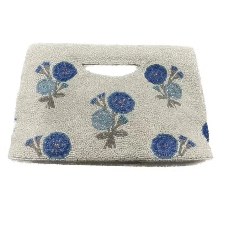  Exclusive Bag Deals – Perfect For Any OccasionAffordable Bags For College Students On Sale Fully Beaded White With Blue Flower Motif Clutch