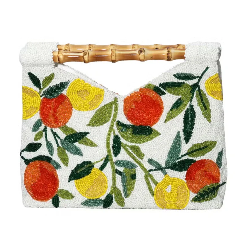  High-End Bags, Low-End PricesTimeless Style Promotions Fully Beaded White With Orange & Yellow Citrus Design Clutch With Bamboo Handle