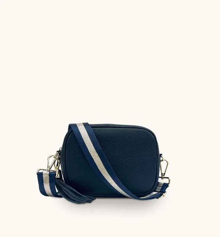 Stylish Totes, Special DiscountsThe Tassel Navy Leather Crossbody Bag With Navy & Gold Stripe Strap Stylish Totes, Special DiscountsThe Tassel Navy Leather Crossbody Bag With Navy & Gold Stripe Strap