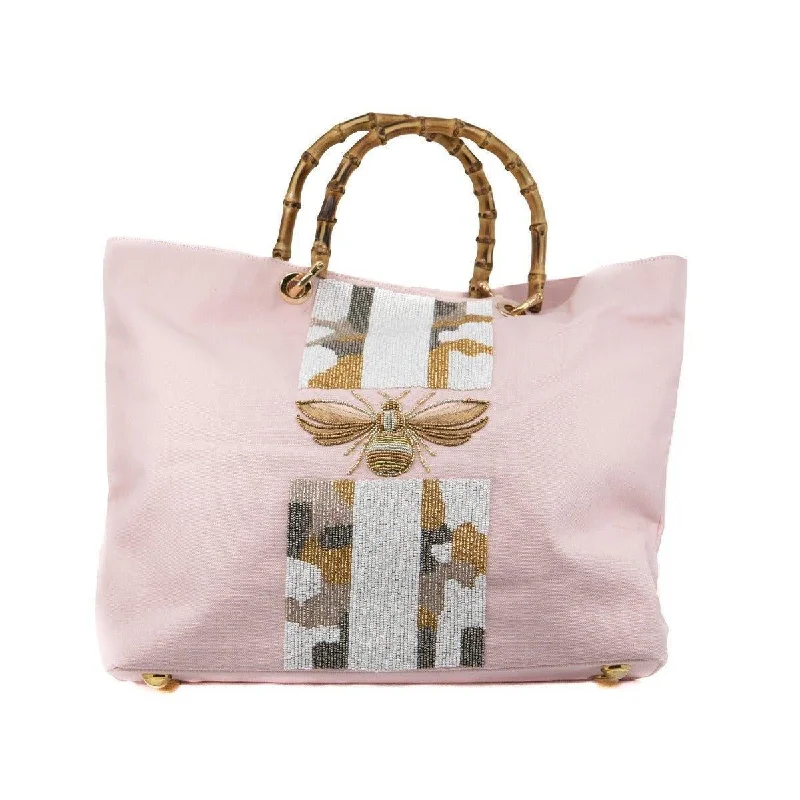  Premium Quality Bags, Budget PricesStylish Deals Pink Tote With Beaded Bee Embellishment & Bamboo Handle