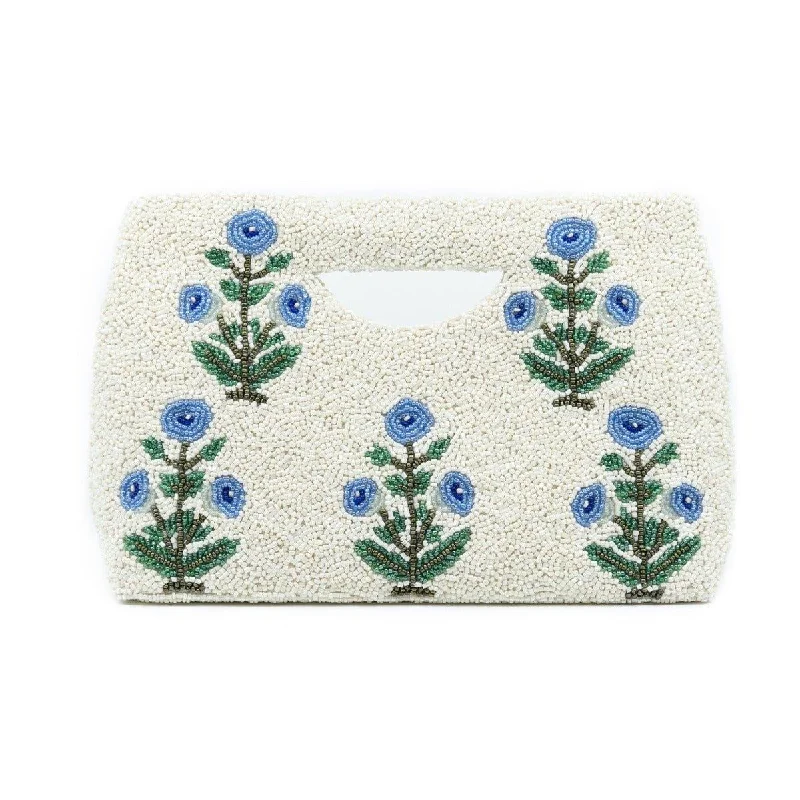  Elegant Totes At Limited-Time PricesCyber Monday Discounts On Bags White & Blue Beaded Floral Motif Handbag With Gusset