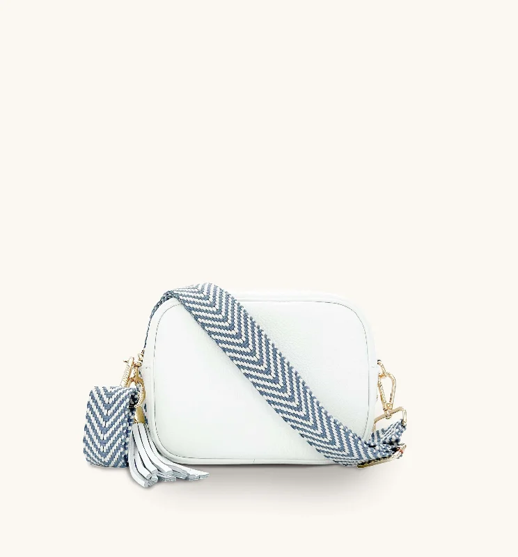 Best-Selling Bags Now At Exclusive Promotional PricesThe Tassel White Leather Crossbody Bag With Denim Blue Chevron Strap Best-Selling Bags Now At Exclusive Promotional PricesThe Tassel White Leather Crossbody Bag With Denim Blue Chevron Strap
