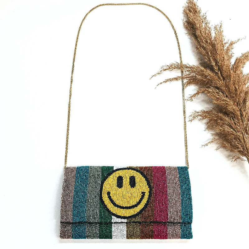  Timeless Handbags Now At Special DiscountsHappy Days Seedbeaded Clutch Bag in Multicolor with Yellow Happy Face and Gold Tone Chain