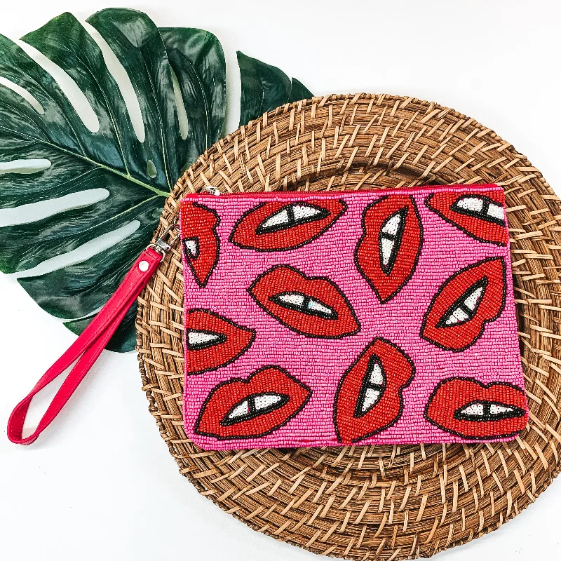  Flash Sale On Designer BagsMulti Red Lip Seed Beaded Clutch in Fuchsia