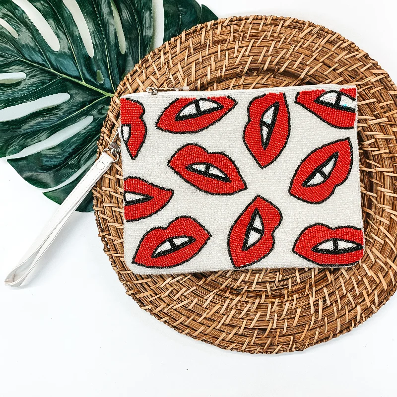  Luxury Handbags, Budget-FriendlyMulti Red Lip Seed Beaded Clutch in White