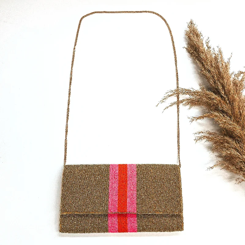  Final Call – Shop Stylish Bags Before They're GoneIncredible Love Seedbeaded Striped Clutch Bag in Gold with Gold Tone Chain