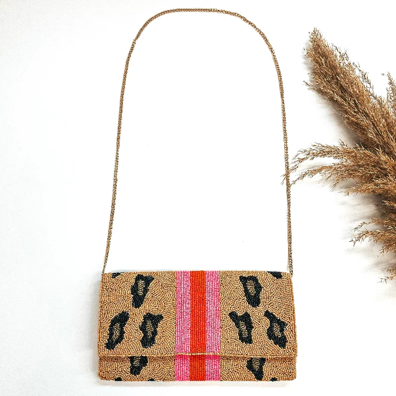  Big Savings On Totes, Crossbody Bags, And MoreIncredible Love Seedbeaded Striped Clutch Bag in Leopard Print with Gold Tone Chain