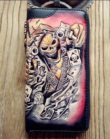  High-End Handbags At Affordable PricesHandmade Leather Mens Clutch Wallet Cool Skull Ghost Rider Tooled Chain Wallet Biker Wallets for Men