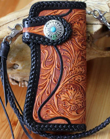  Limited-Stock Bag Clearance – HurryHandmade biker wallet vintage floral men biker wallet leather Long wallet purse clutch for men